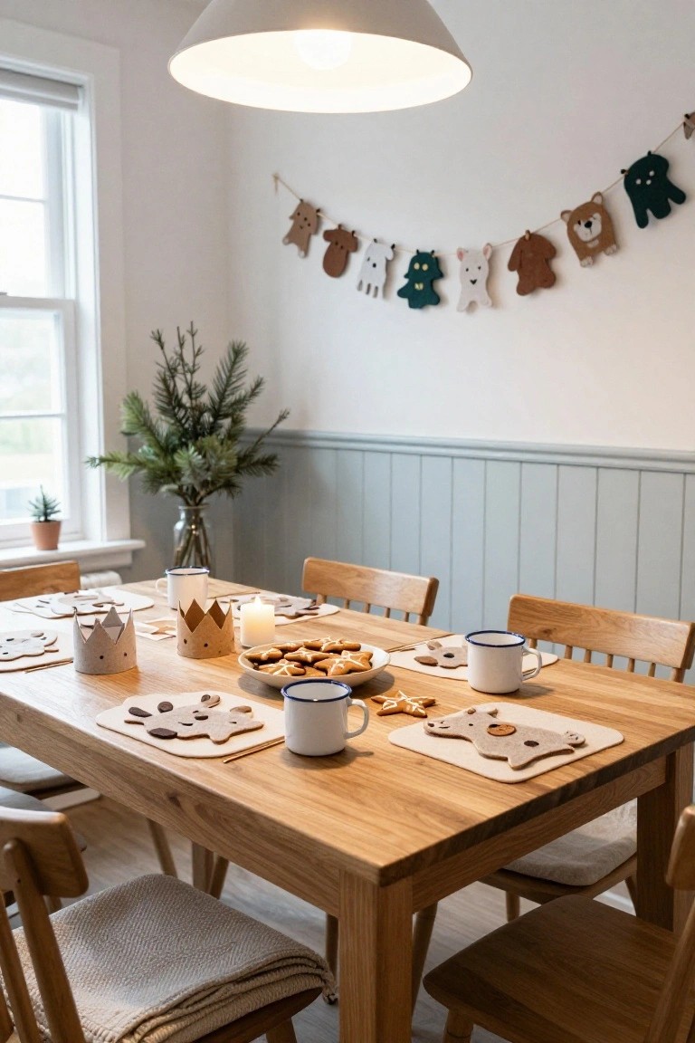 Wooden dining table in a light blue-walled room set with paper crowns, gingerbread cookies on a plate, felt animal placemats, blue and white mugs, under a hanging garland of felt animal shapes and near a small evergreen branch.