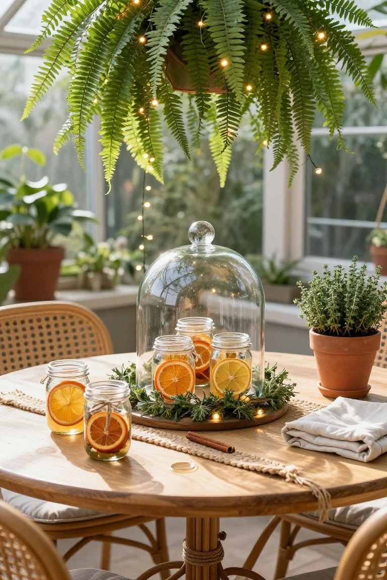 Round wooden table in a sunlit sunroom with rattan chairs, centered on a glass cloche covering jars of dried orange slices amid greenery, rosemary, fairy lights, and potted plants.