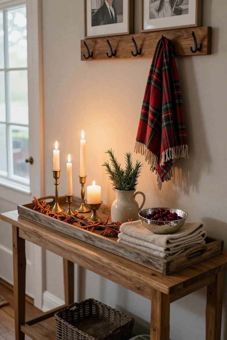 Wooden console table in a light entryway holds a rustic tray with brass candlesticks, lit taper and pillar candles, dried orange vines and star anise, rosemary sprigs in a white pitcher, silver bowl of cranberries, and stacked beige linens, beside a wicker basket on the floor.