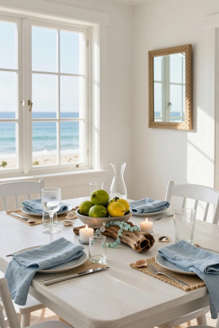 White dining table with blue linen napkins, woven placemats, glassware, cutlery, a bowl of green apples and limes, glass pitcher, driftwood pieces, shells, candles, turquoise beads, and ocean view through large window.