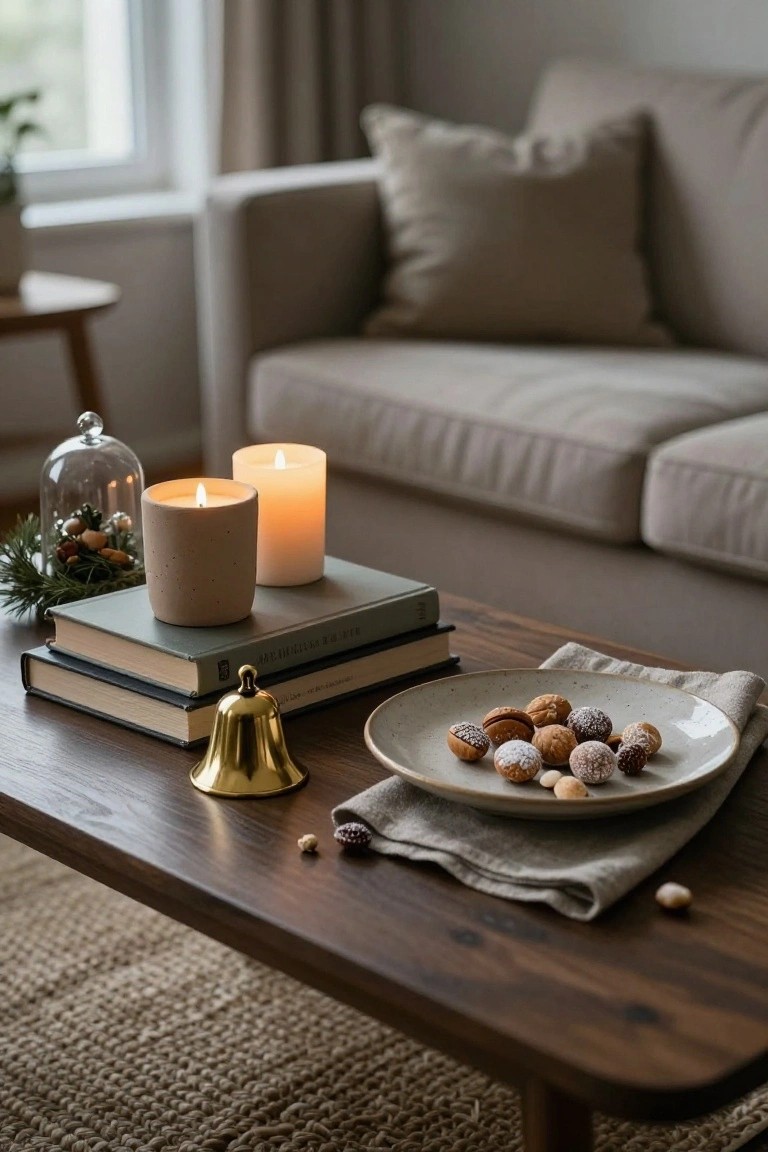 Wooden coffee table in a beige living room holding stacked green books, beige candles under a glass dome and in a holder, brass bell, plate of sugared nuts and cookies on linen napkin, small greenery arrangement, beside a light gray sofa and seagrass rug.