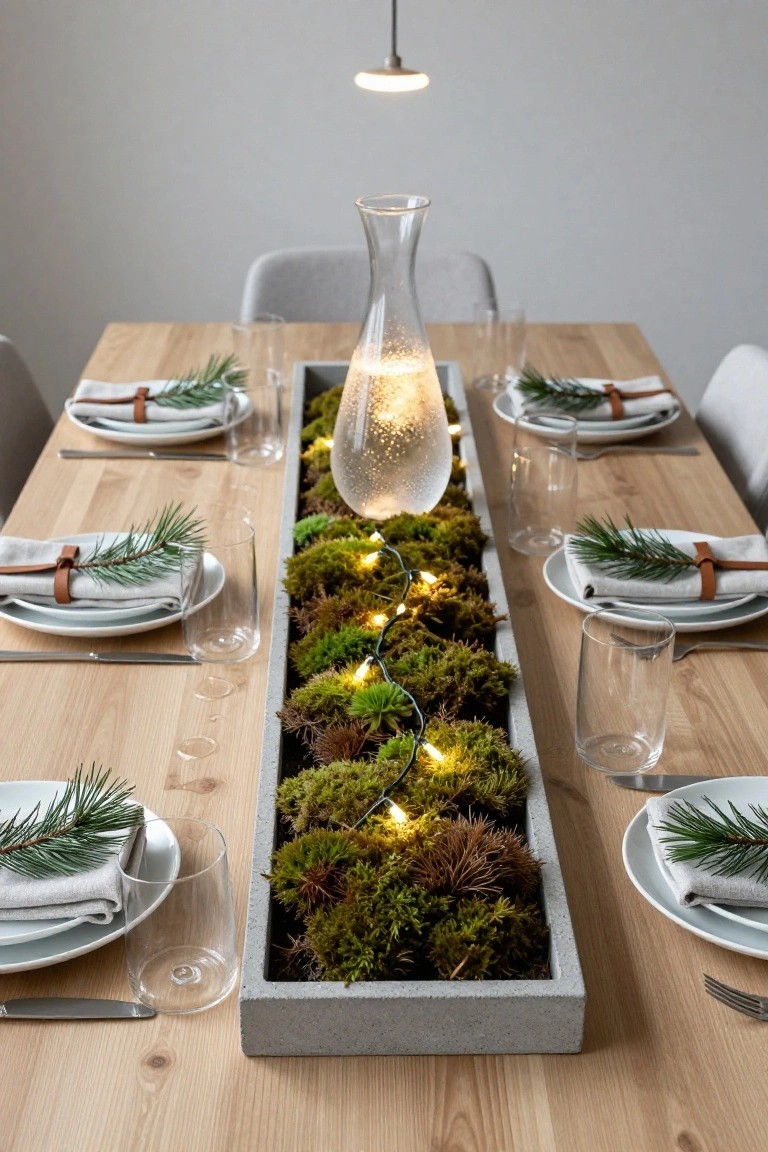 Wooden dining table with long gray concrete tray filled with green moss and white fairy lights as centerpiece, white plates with gray linen napkins tied with brown leather straps and pine branches, clear glass tumblers and carafe, gray upholstered chairs.