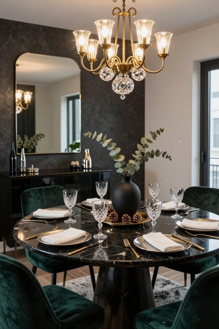Round black marble dining table with green velvet chairs, set with gold-rimmed plates, white napkins, crystal wine glasses, gold flatware, and central black vase of eucalyptus branches and pine cones under a gold chandelier.