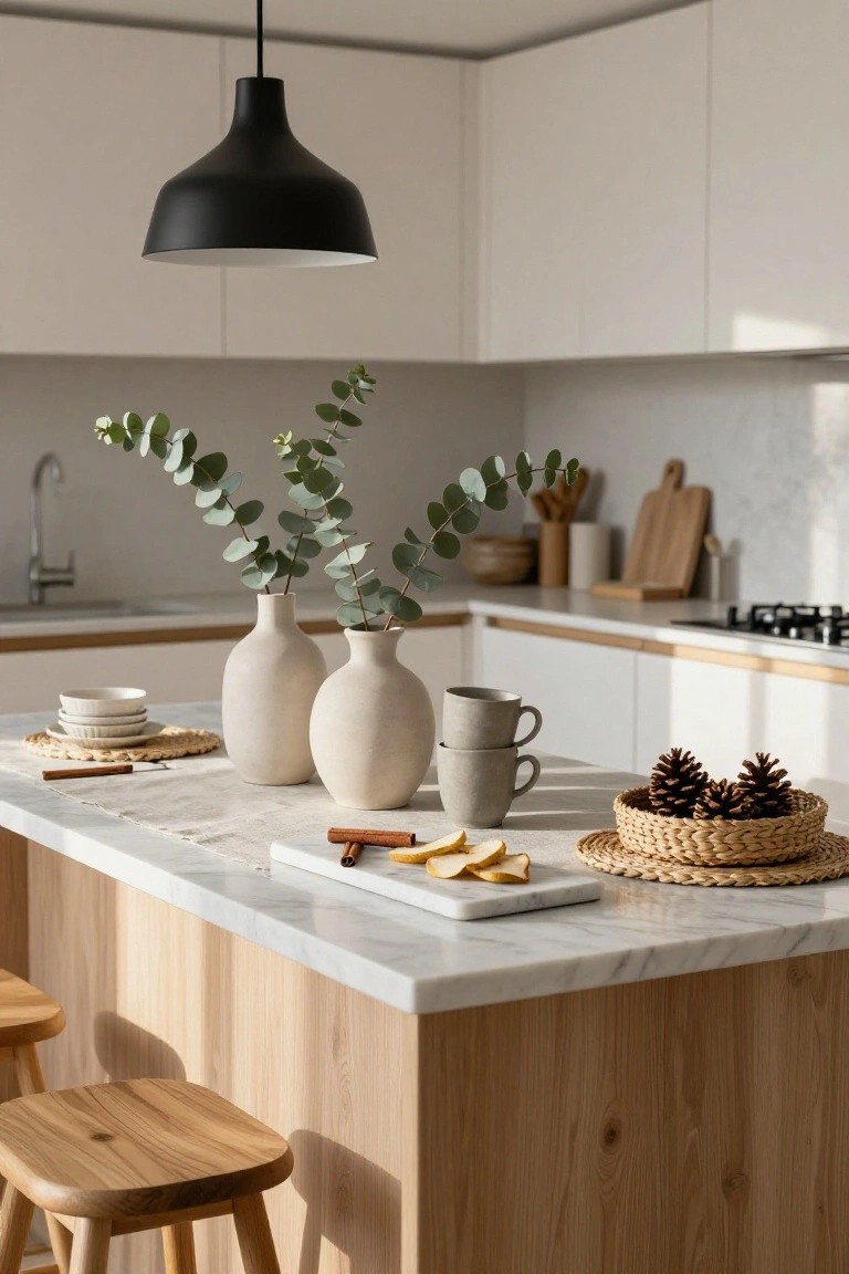 Modern white kitchen island with marble top and wood base, featuring two tall beige vases of eucalyptus branches, a woven basket of pinecones, sliced pears and cinnamon sticks on a white board, stacked beige mugs, and wooden stools.