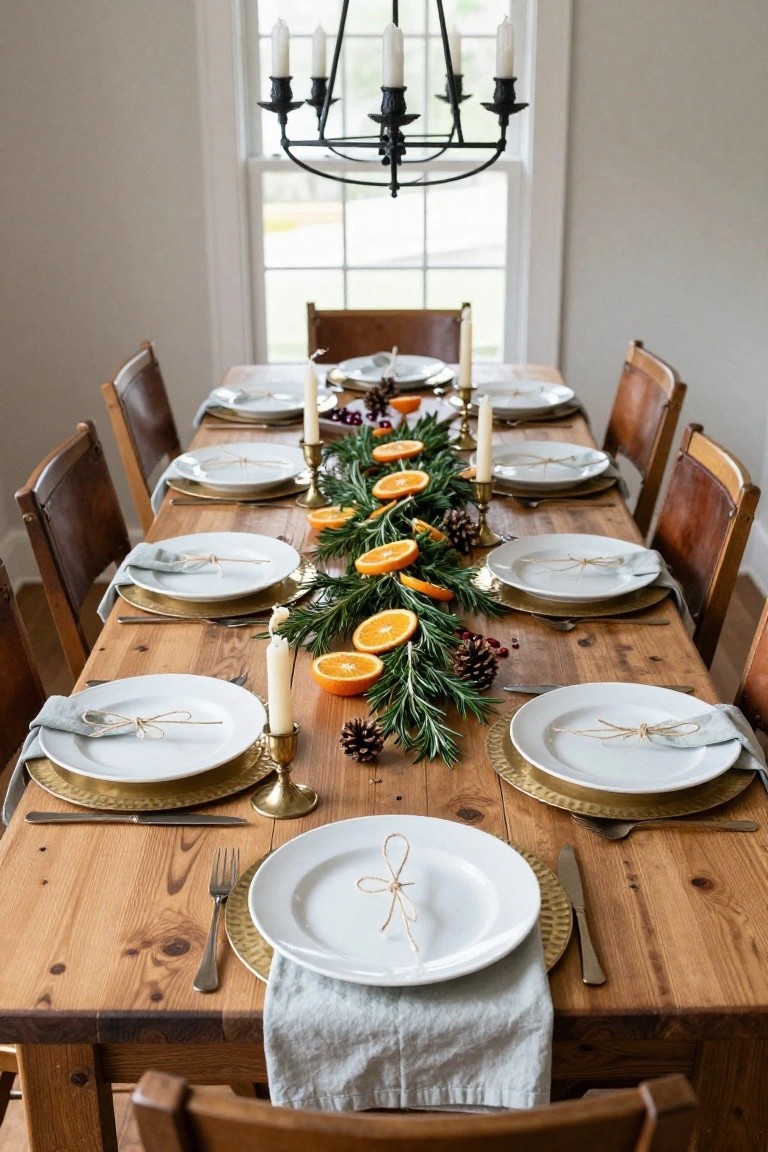 Wooden dining table set for Christmas dinner with a lengthwise centerpiece of sliced oranges, rosemary branches, pinecones, and white taper candles, white plates on gold chargers at place settings, linen napkins tied with twine, and wooden chairs with leather seats.