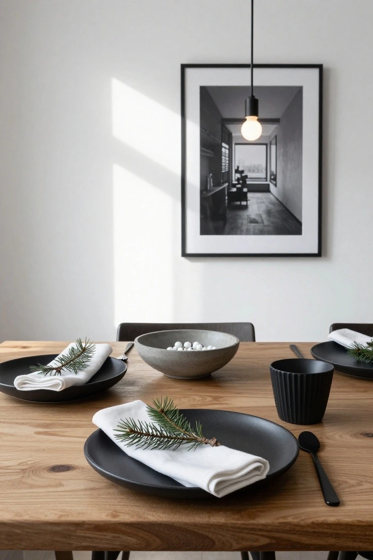 Wooden dining table set with black plates holding white linen napkins tied with small green pine sprigs, a central concrete bowl filled with white round ornaments, black mugs and spoons, beside a white wall and framed black-and-white photo.