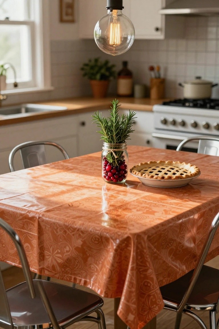 Kitchen dining table with orange patterned tablecloth holding a mason jar of red cranberries and rosemary sprigs next to a lattice pie on a white plate, metal chairs around, and kitchen counters and stove in background.