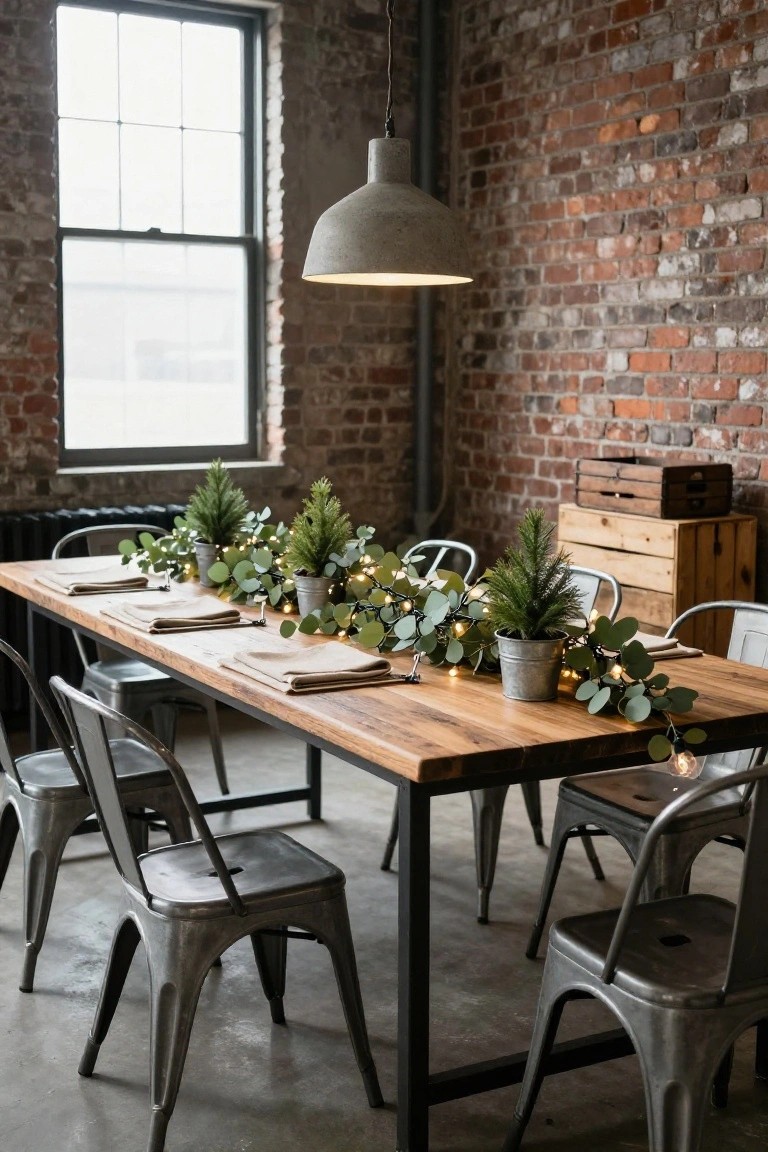 Rustic wooden dining table in industrial brick room with eucalyptus garland runner, fairy lights, small potted trees in metal buckets, set with linen napkins, surrounded by metal chairs.