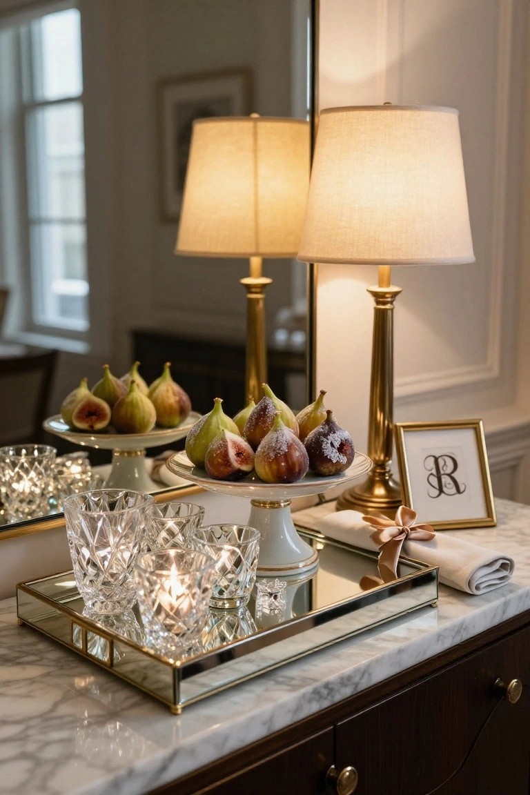 Close-up of a marble console table holding a mirrored tray with crystal glasses and candles, next to a white pedestal stand topped with powdered sugar-dusted figs, gold table lamps, and a framed monogram in a light-colored interior room.