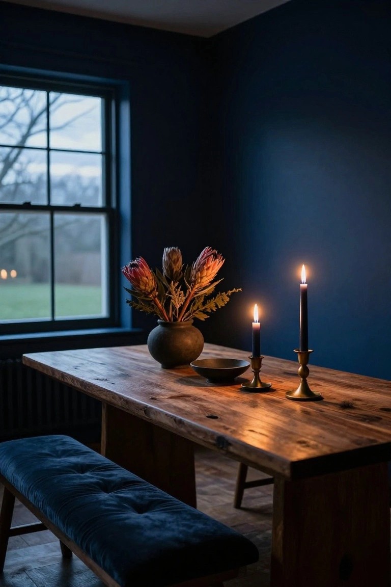 Wooden dining table holding a gray vase of pink and orange protea flowers, two lit black taper candles in brass candlesticks, and a black bowl, next to a dark blue velvet bench against navy walls and a window.