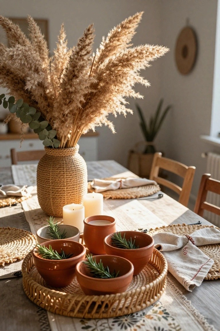 Close-up of a rustic wooden dining table holding a round woven tray with four small terracotta pots filled with rosemary sprigs, white candles, and linen napkins nearby, with tall pampas grass in a basket vase in the background.