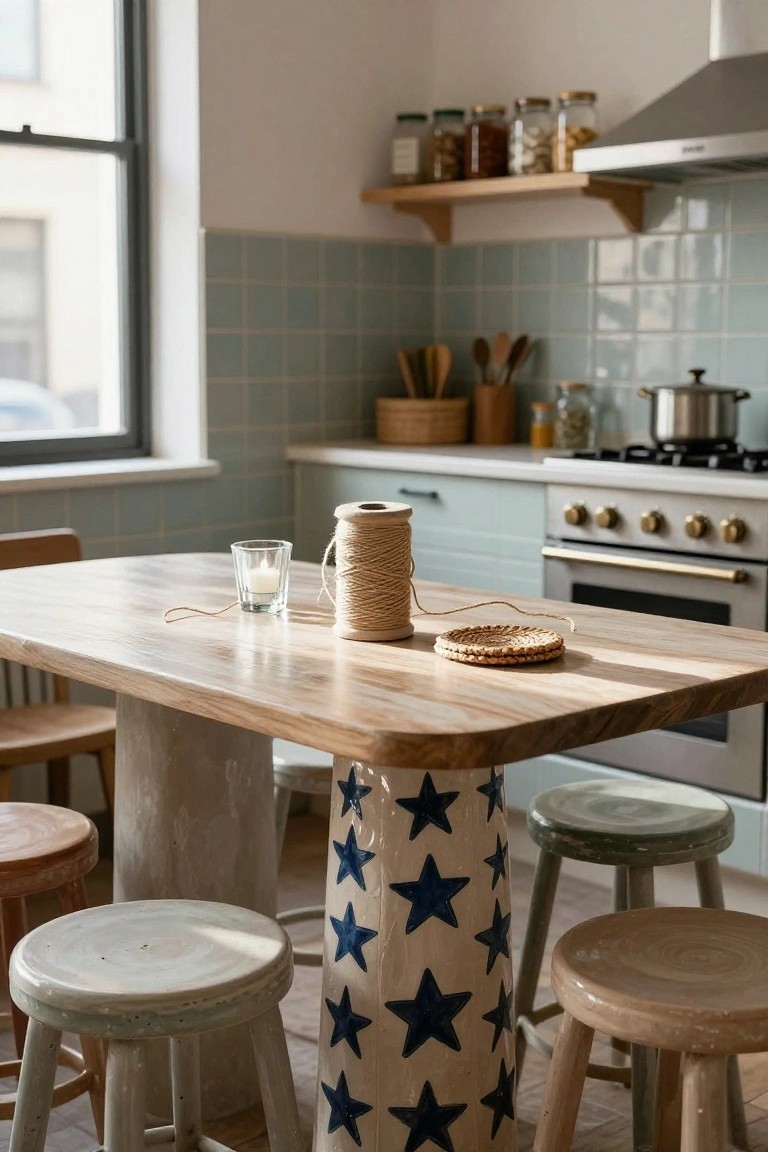 Kitchen table with wooden top and star-patterned pedestal base holding a spool of twine, glass votive candle, and woven coasters, surrounded by assorted stools in a room with light blue tiled walls and green cabinets.