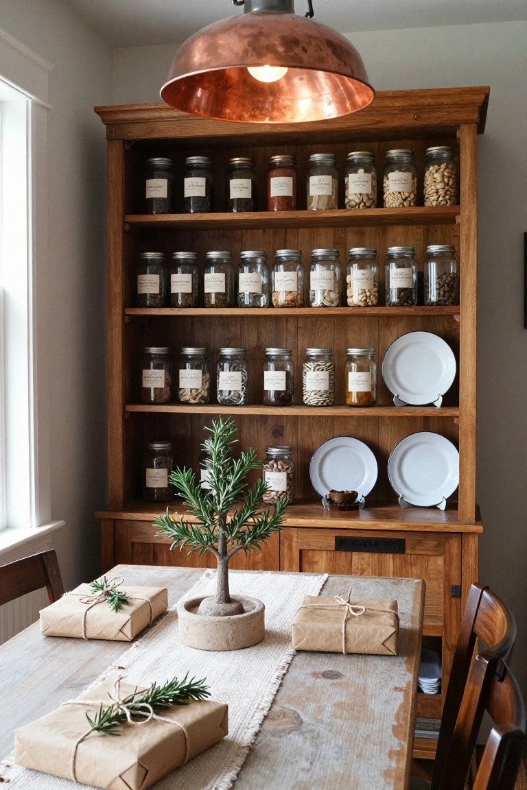 Rustic wooden dining table with kraft paper wrapped gifts tied with twine and rosemary sprigs on a white runner, next to a tall wooden hutch filled with labeled glass jars of spices, nuts, and dried goods, white plates on shelves, small potted rosemary plant, and wooden chairs.