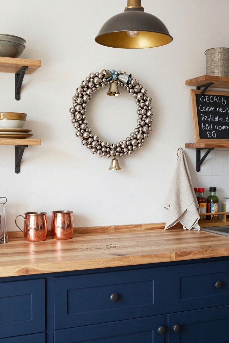 Kitchen interior showing a large silver jingle bell wreath hanging on a white wall above a wooden countertop with two copper mugs, navy cabinets below, floating oak shelves with bowls, a dishrag on a hook, and a chalkboard sign nearby.