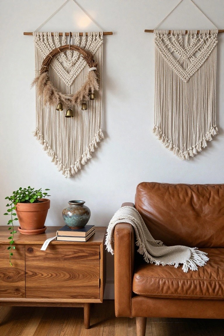 White wall displaying two macrame wall hangings, the left one with a central wreath of beige pampas grass plumes, small bells, and a wooden hoop, beside a wooden side table holding a potted plant, ceramic vase, and stacked books, next to a tan leather sofa draped with a white throw blanket.