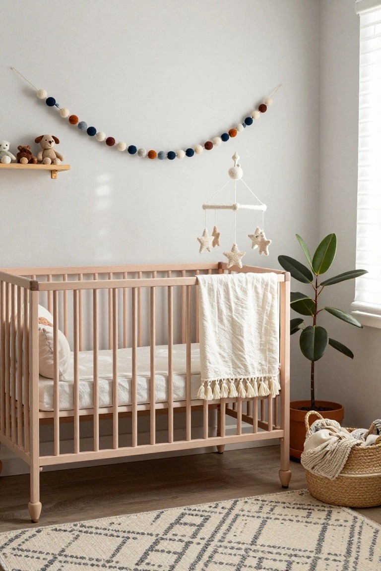 A light gray nursery room with a pink wooden crib holding white bedding and a pillow, a multicolored wool pom-pom garland hanging on the wall, a white mobile with stars above the crib, stuffed toys on a wall shelf, a potted plant next to the crib, a wicker basket with linens on the floor, and a white geometric rug.
