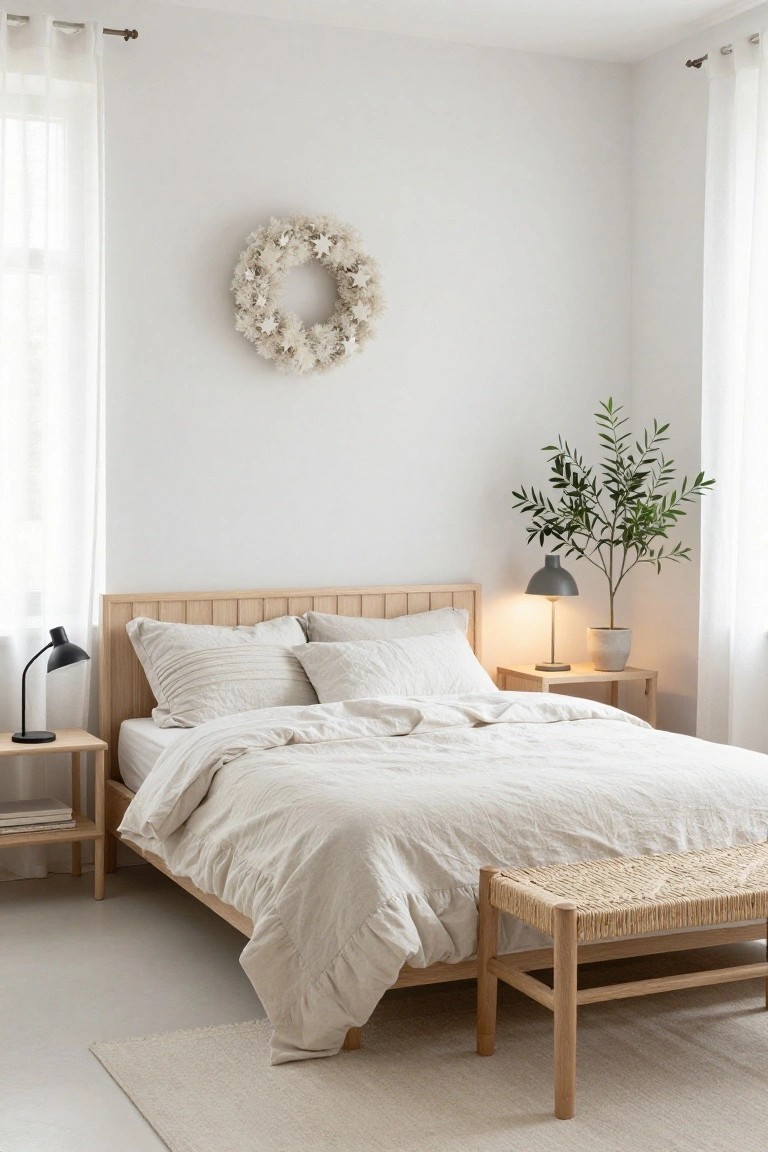 White bedroom interior with oak platform bed dressed in beige linens, two nightstands with black desk lamps, potted olive tree, rattan bench at bed foot, sheer curtains on windows, and textured white wreath on wall above bed.