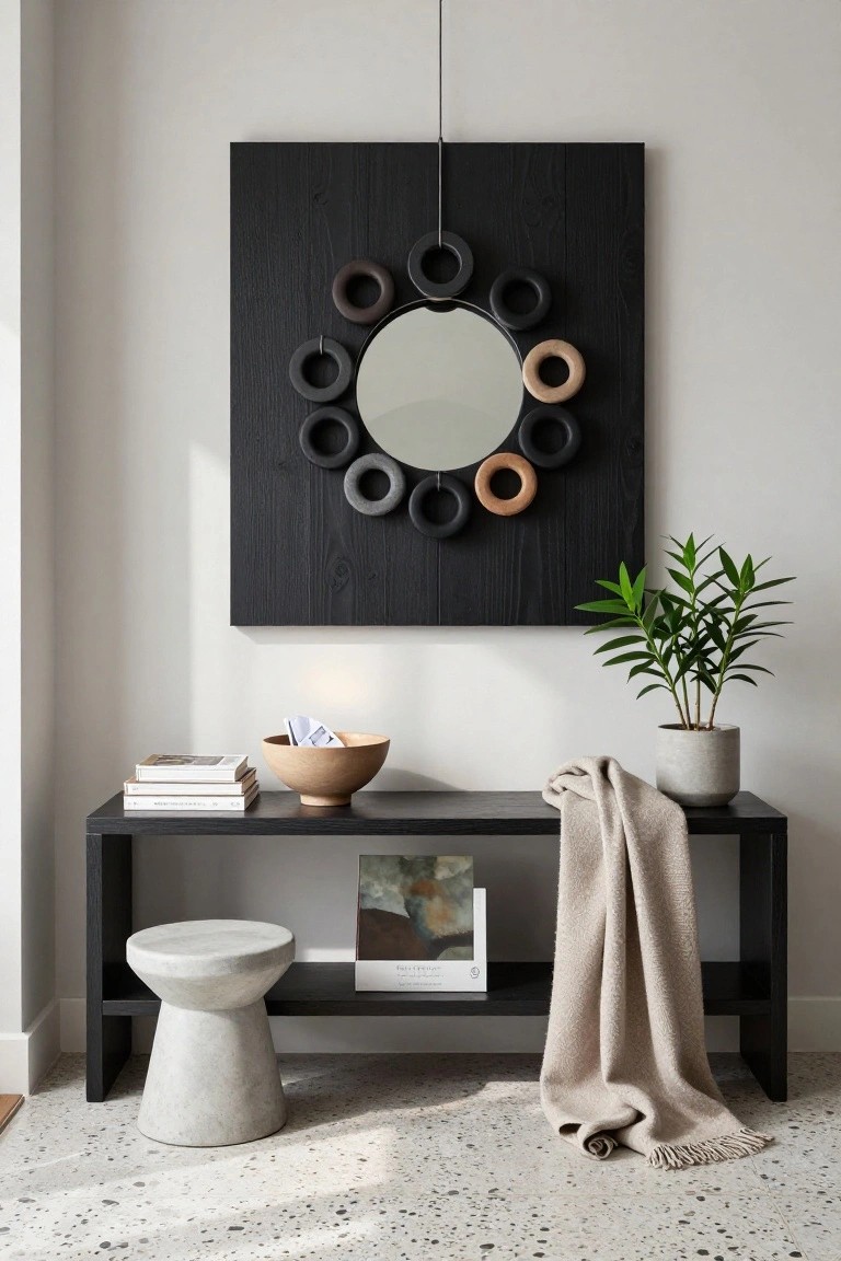 Modern entryway featuring a black console, round mirror, potted plant, and decorative items.