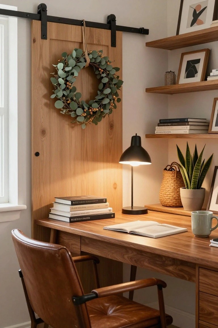 Cozy workspace with a wooden desk, chair, lamp, books, and a decorative wreath.
