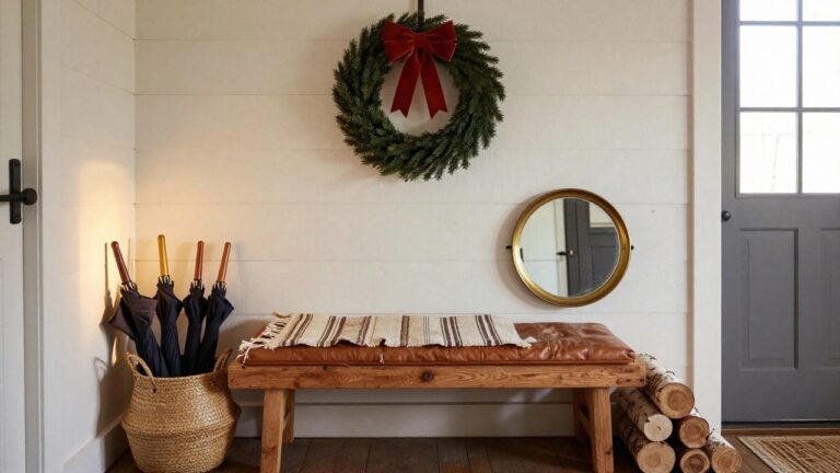 23 Dollar Tree Christmas Wreath Ideas That Look Surprisingly Chic White shiplap wall in an entryway with a green Christmas wreath and red bow hung beside a gold oval mirror, wooden bench with tan leather cushion and birch log storage underneath, wicker umbrella basket, and striped rug on wood floor.