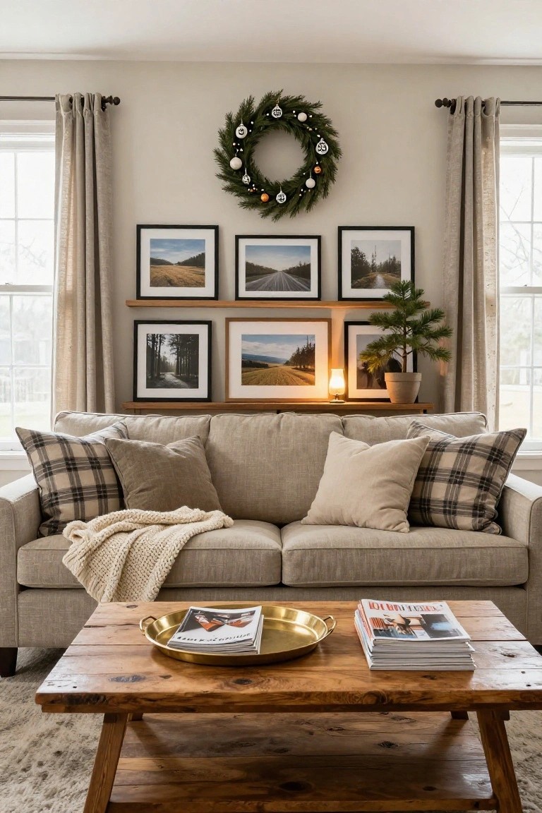 Cozy living room with a beige couch, plaid pillows, wooden coffee table, and framed photos.