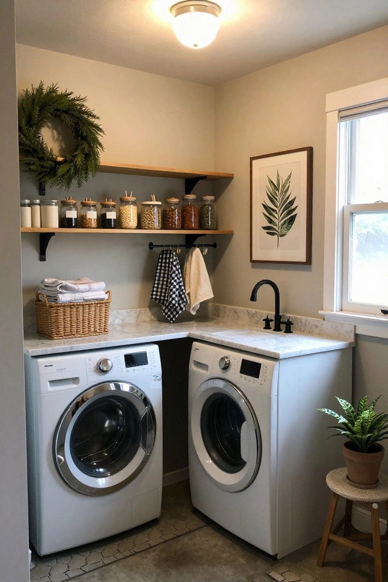 Laundry room with two white front-loading washers and dryers under a marble sink countertop, wooden floating shelves holding glass jars of nuts and spices, a large artificial greenery wreath on the wall, hanging towels, framed leaf art, and a potted plant on a stool.