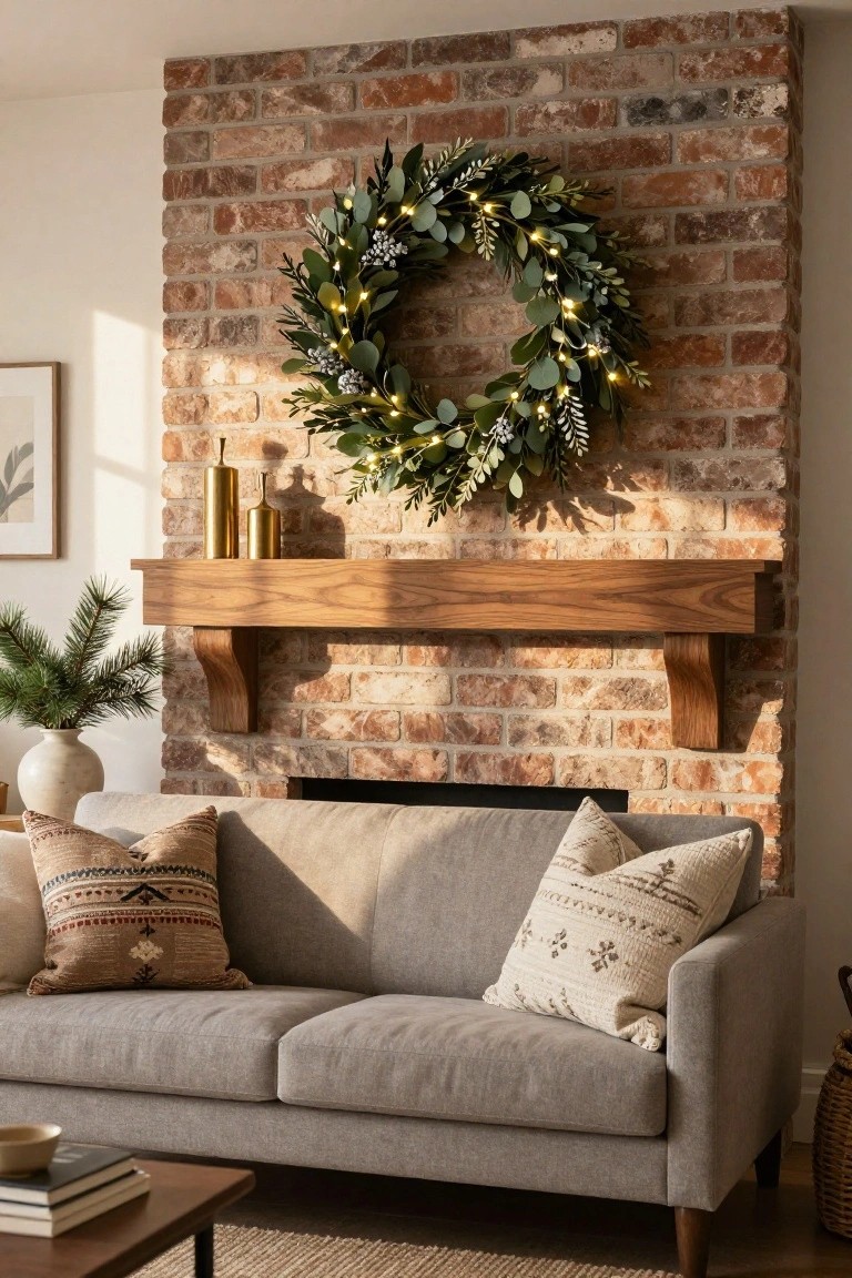 Living room interior with exposed brick fireplace, wooden mantel topped with gold vases and a flat-hung green eucalyptus wreath with white berries and fairy lights, beige sofa with patterned pillows, coffee table with books, potted plants, and woven basket.