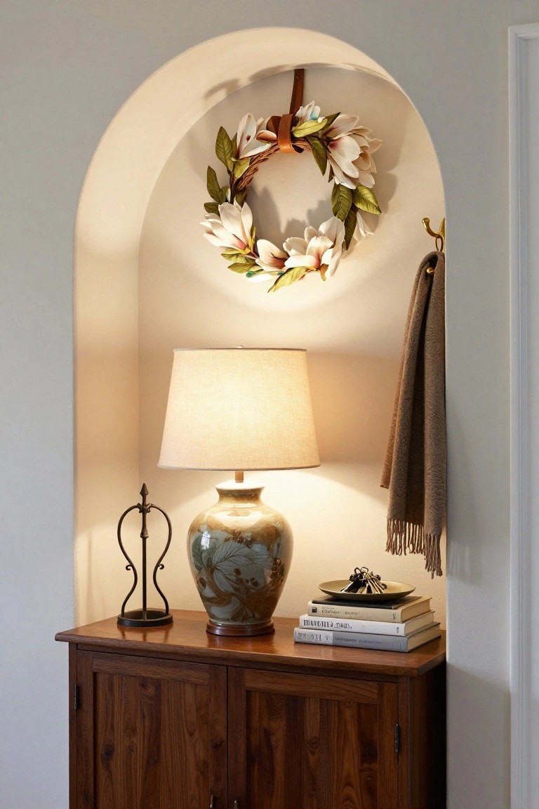 Stylish nook with a floral wreath, a lamp, vintage books, and a cozy blanket.