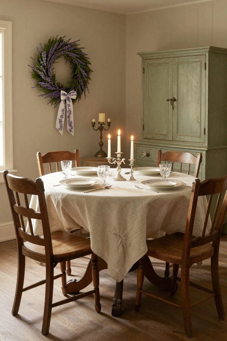 Dining room with wooden chairs around a round table covered in white linen, set with white plates, glassware, and silverware, lavender wreath on the wall, candles lit nearby, and a green wooden cabinet in the corner.
