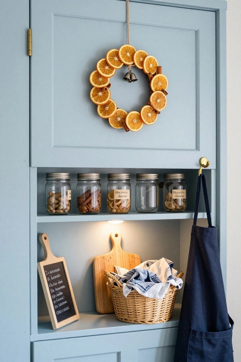 Light blue kitchen cabinet with open shelves holding glass jars of nuts, cinnamon sticks, dried citrus peels, and mushrooms, a chalkboard sign, wooden boards, woven basket with linens, navy apron on hook, and dried orange slice wreath with bells hanging on the door.