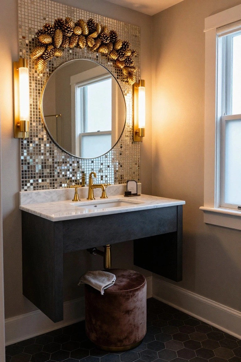 Bathroom vanity area with large round mirror framed by silver mosaic tiles and gold pinecone garland, white marble countertop, gold faucet, floating dark gray cabinet, maroon velvet stool, and black hexagonal floor tiles next to a window.