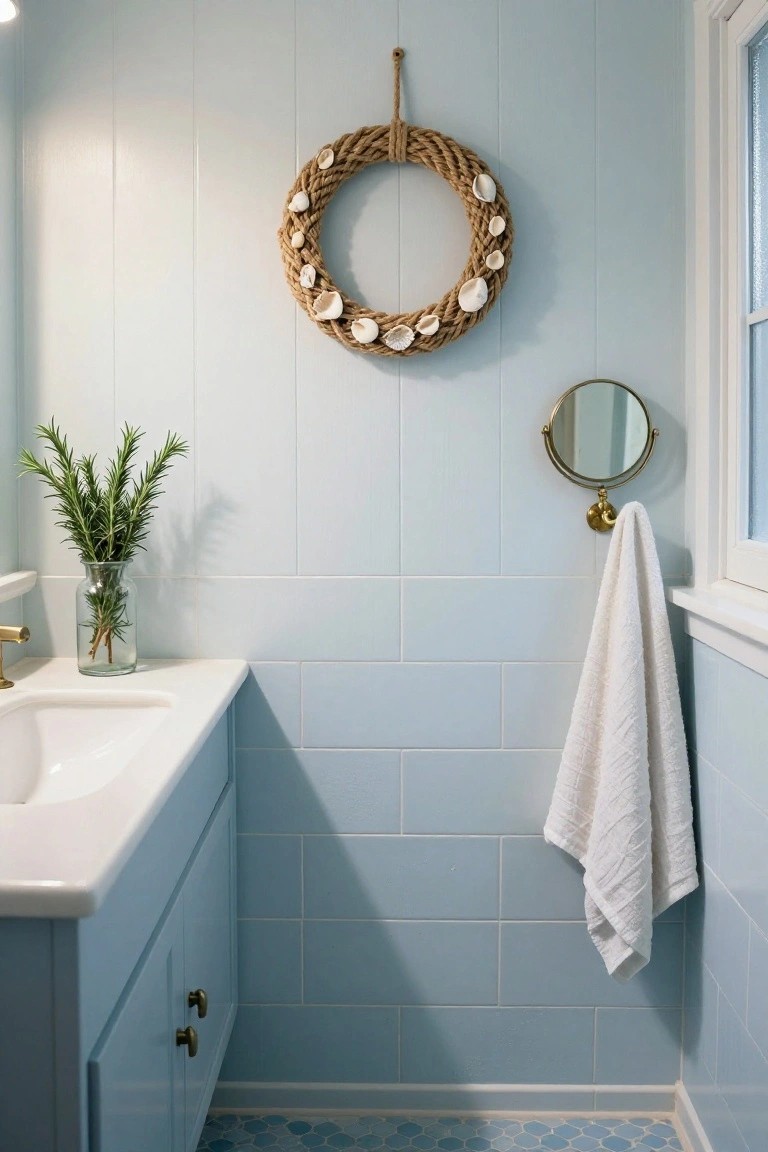 Light blue paneled and tiled bathroom with white sink on blue cabinet, gold mirror with towel hook, rosemary plant in glass vase on countertop, and rope wreath with seashells hanging on wall.