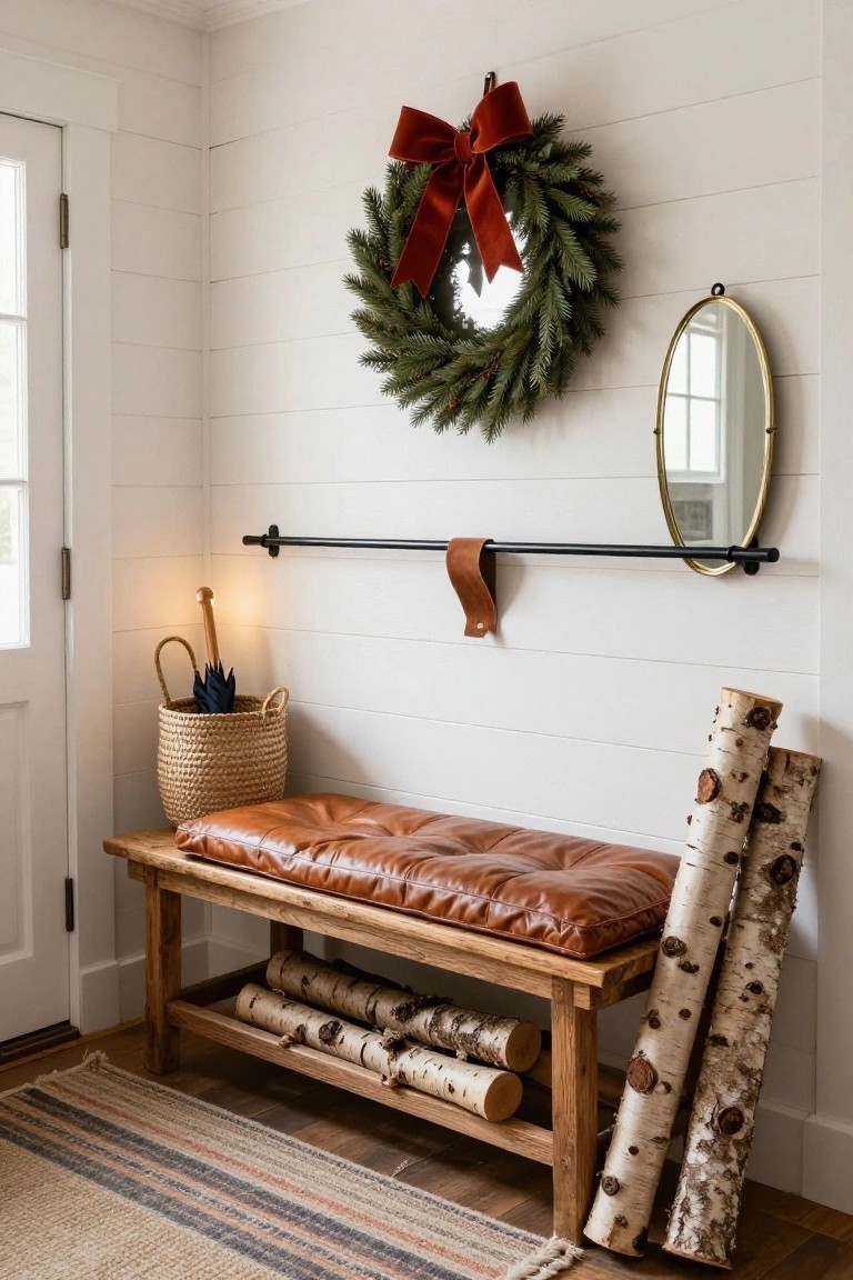 White shiplap wall in an entryway with a green Christmas wreath and red bow hung beside a gold oval mirror, wooden bench with tan leather cushion and birch log storage underneath, wicker umbrella basket, and striped rug on wood floor.