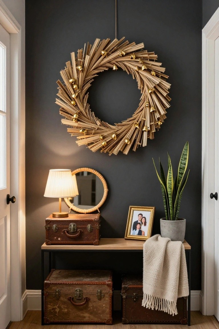 Dark gray entryway hallway featuring a large circular wreath of wheat stalks and gold bells on the wall above a wooden console table with two vintage leather suitcases, a lamp and round mirror, gold-framed photo, potted snake plant, and cream throw blanket between two white doors.