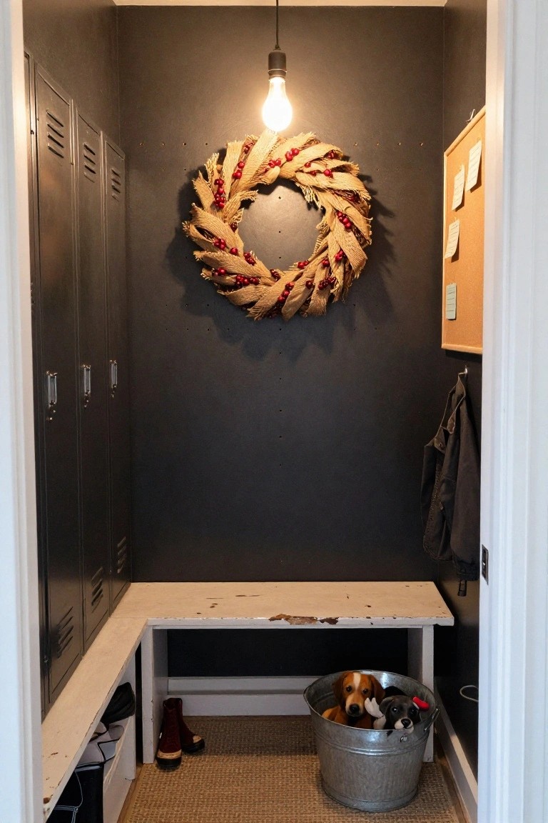 Dark mudroom interior with black metal lockers, wooden bench, red boots, galvanized bucket holding two dogs, corkboard, coats on hooks, and large wheat and berry wreath on the wall under exposed bulb light.