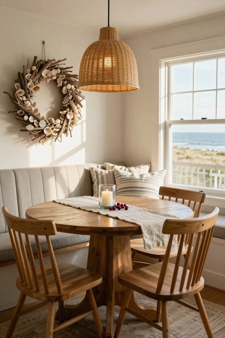 Dining nook with beige built-in bench seat, round wooden table covered in white runner, wooden chairs, striped pillows, glass candle holder with lit candle and red grapes, woven pendant light, driftwood and seashell wreath on wall, large window with view of ocean and dunes.