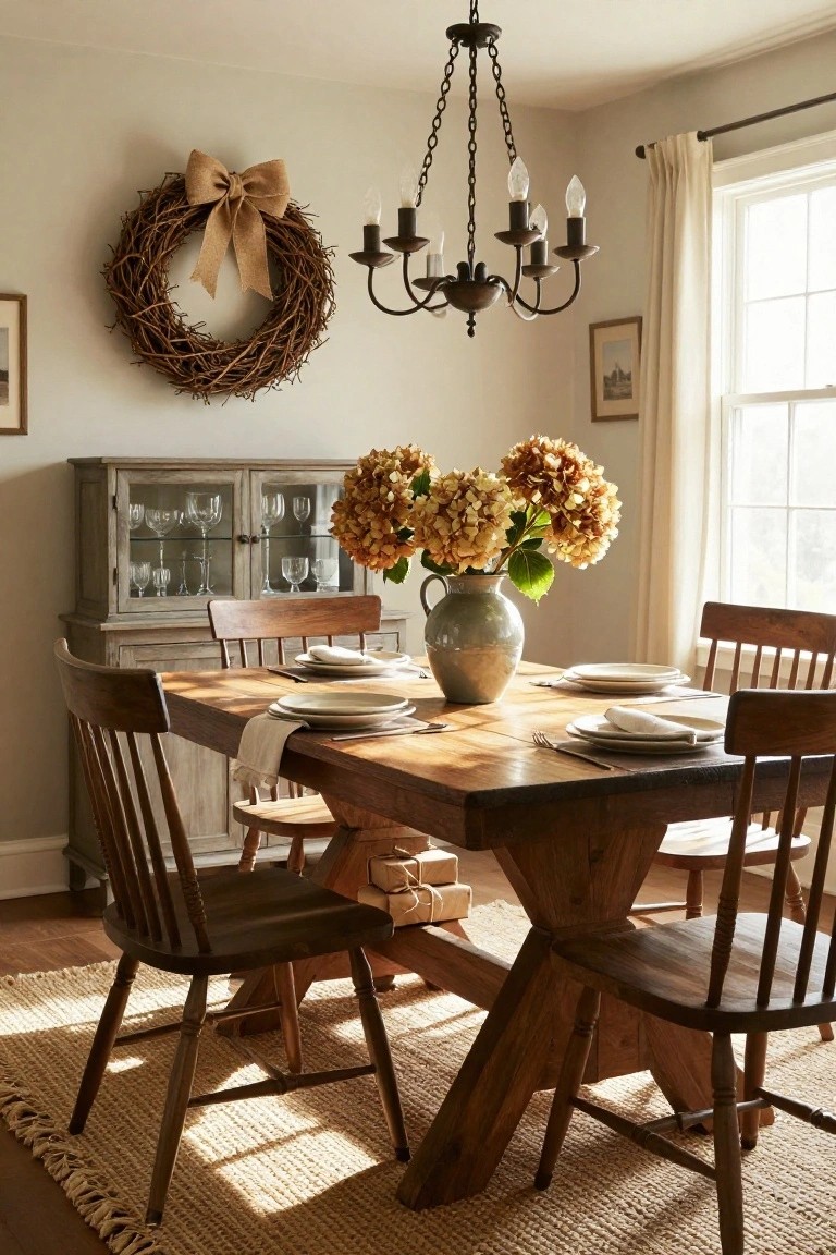 Dining room featuring a wooden trestle table with white plates and napkins, wooden chairs, a gray-green vase of orange hydrangeas on the table, a glass-front sideboard, chandelier overhead, sheer curtains on window, and a grapevine wreath with burlap bow on the wall.