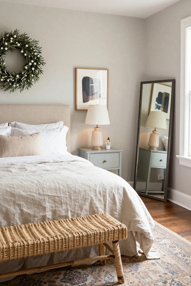 Bedroom corner with upholstered bedhead, white and beige pillows and linens on bed, blue nightstand holding lamp and vase, tall wood-framed mirror, and olive leaf wreath with white berries on light gray wall.