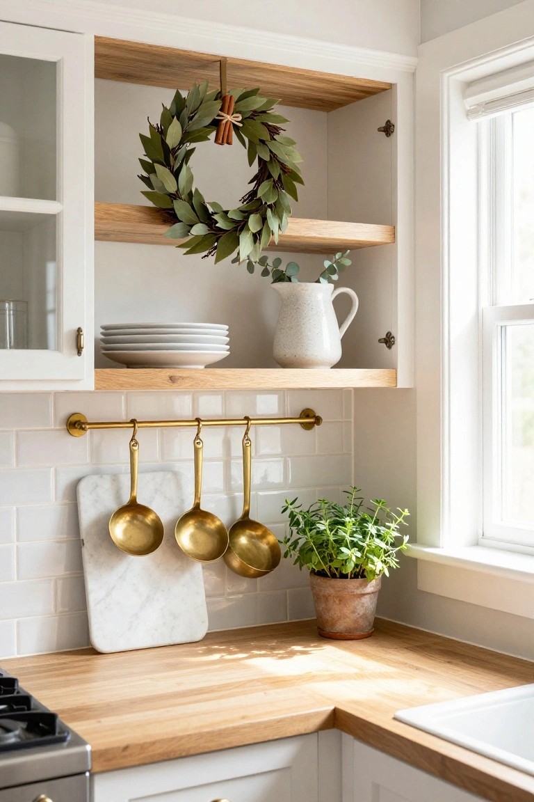 Kitchen corner showing white cabinets with open oak shelves displaying stacked white plates, a white ceramic pitcher, and a hanging wreath of bay leaves tied with cinnamon sticks, gold ladles on a brass rail below, and a potted herb plant on the wooden countertop near a gas stove.