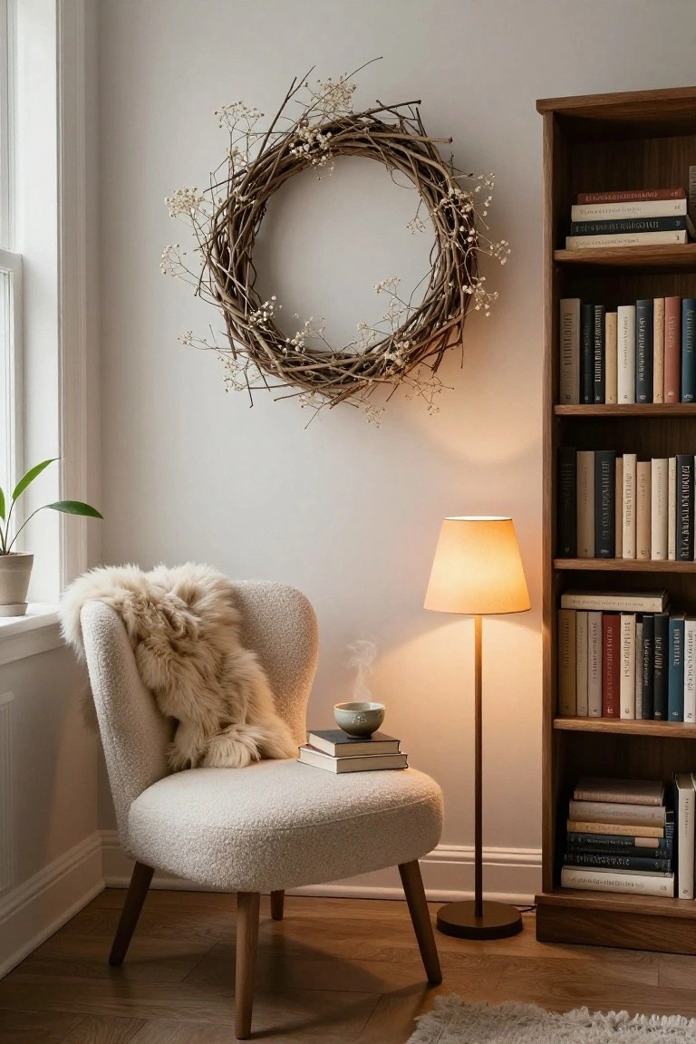 White bouclé armchair draped with a cream sheepskin throw in a light corner room, next to wooden bookshelves filled with books, a floor lamp, a small plant on the windowsill, a twig wreath with white dried flowers on the wall, and stacked books with a teacup on the chair's side table.
