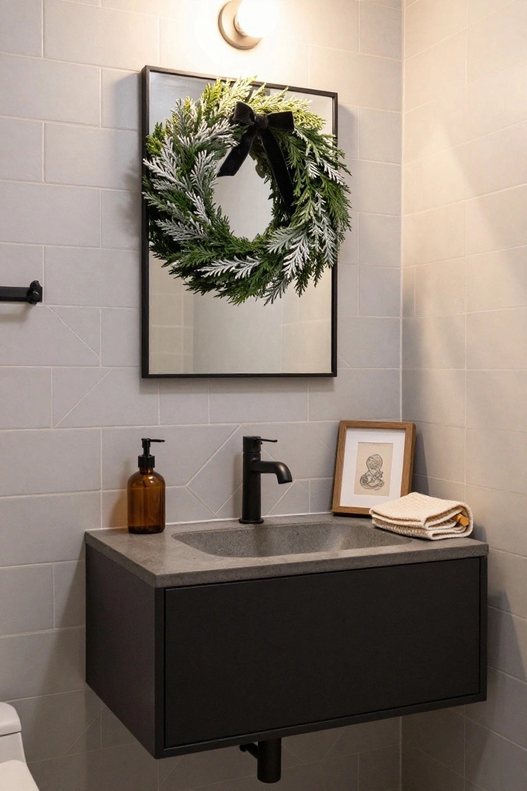 Modern half bathroom featuring light gray subway-style tiles, black-framed rectangular mirror with green evergreen Christmas wreath and black bow, black floating vanity with concrete sink and matte black faucet, small framed artwork, soap dispenser, folded towel, towel bar, and white toilet.
