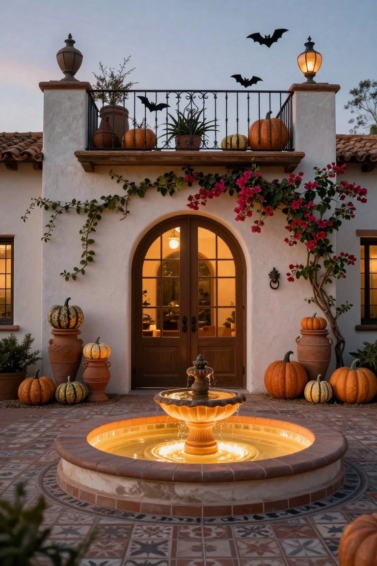 Spanish-style house facade at dusk with arched wooden double doors, central lit fountain surrounded by assorted pumpkins and terracotta pots, climbing ivy and bougainvillea on white stucco walls, balcony with pumpkins and bat decorations, and lanterns.