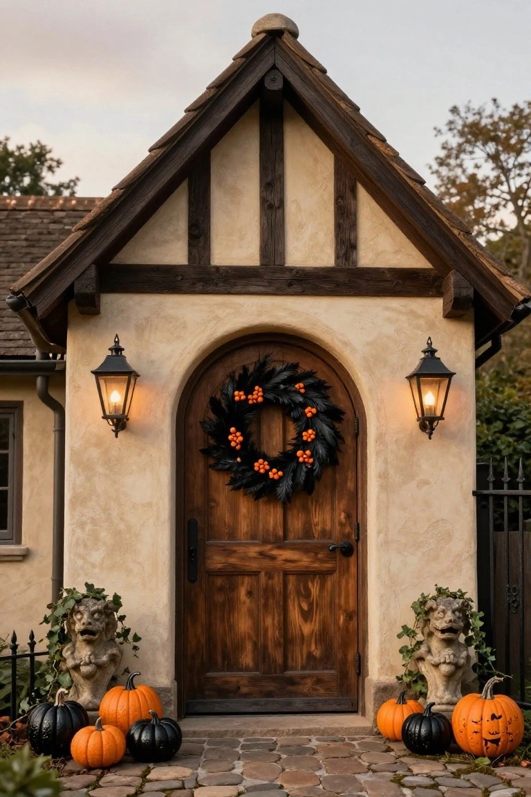 Tudor-style stucco house exterior with dark timber accents, arched wooden front door hung with large black feather wreath and orange berries, flanked by iron lanterns, ivy-covered stone gargoyles, and orange and black pumpkins on cobblestone path.