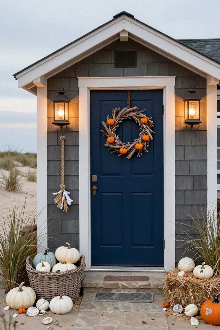 Gray shingled beach house entrance featuring a navy blue door with driftwood wreath of small orange pumpkins, rope accents, lanterns, basket of white and blue pumpkins, hay bales, and beach grass on sandy ground.