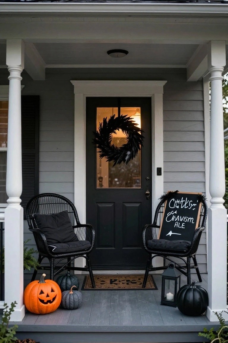 Gray clapboard house front porch with white columns, black double door with black feather wreath, two black rattan chairs with black pillows, orange and black pumpkins, lantern, and chalkboard sign on the steps.