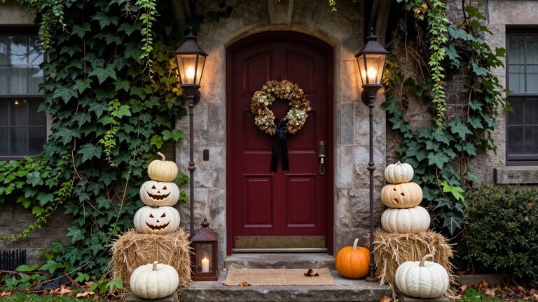 Stone house front entrance with red arched door, ivy on walls, black lanterns, fall wreath, hay bales stacked on steps holding orange and white pumpkins, bushes nearby.