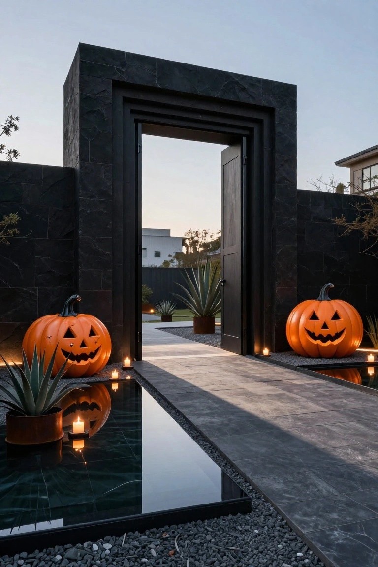 Black stone archway entrance at dusk flanked by two large orange jack-o'-lantern pumpkins on either side, with a stone pathway, reflecting water channel, agave plants in pots, scattered candles, and gravel edging.