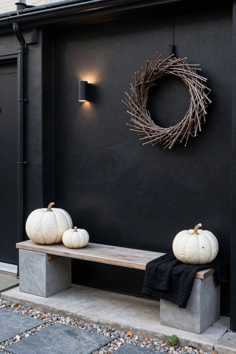 Black exterior wall next to a black door with wall-mounted light, twig wreath, and wooden bench on concrete bases holding three white pumpkins and black cloth, on a gravel and paver patio.