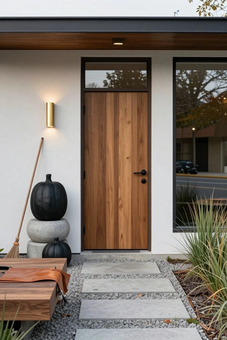 Modern house entrance featuring a walnut wood door with black frame, white stucco walls, black-framed windows, gold wall sconce, two black pumpkins on a concrete pedestal with a broom leaning against it, wooden bench with brown leather bag draped over, concrete pavers, gravel ground cover, and tall grasses nearby.