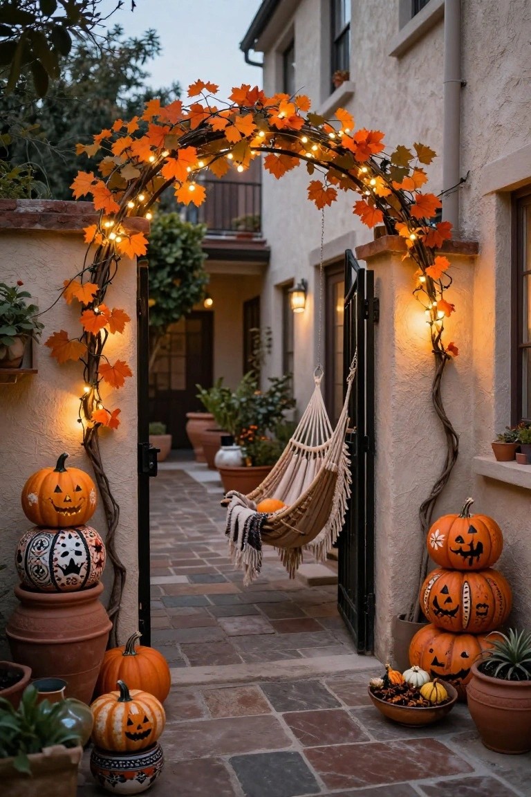 House entrance gate framed by an archway of orange faux leaves and string lights, with stacked carved pumpkins in terracotta pots on either side, a hammock in the courtyard beyond, and additional pumpkins and plants along the pathway.